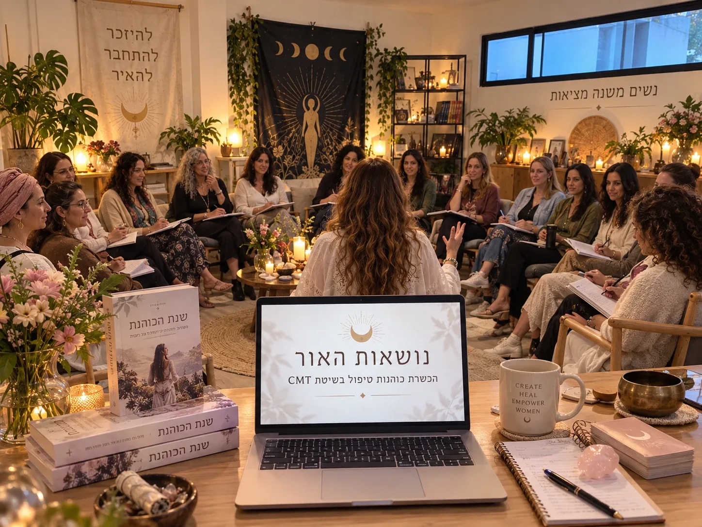 מעגל נשים במרכז אסטוריה, מול מסך עם הכיתוב נושאות האור